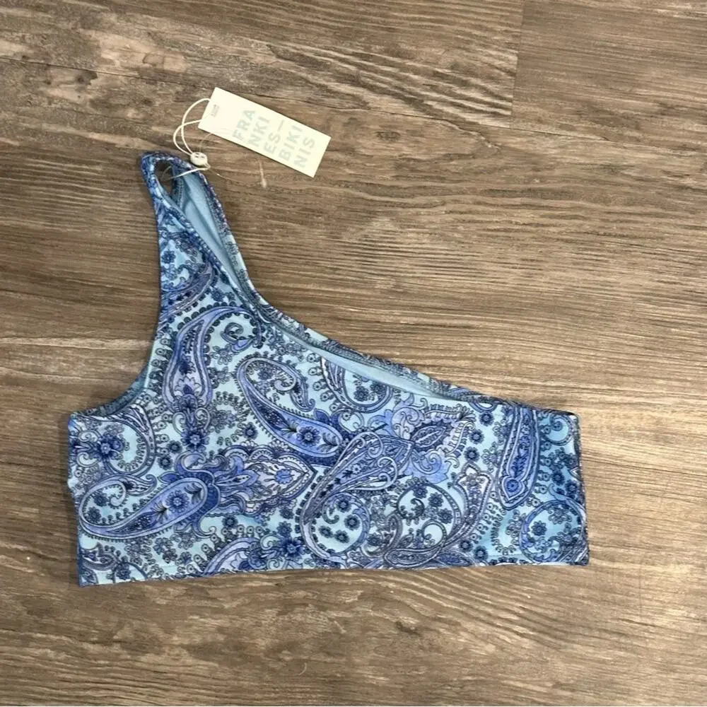 Frankie’s Bikinis Barb Paisley One Shoulder Blue Bikini Swim Top